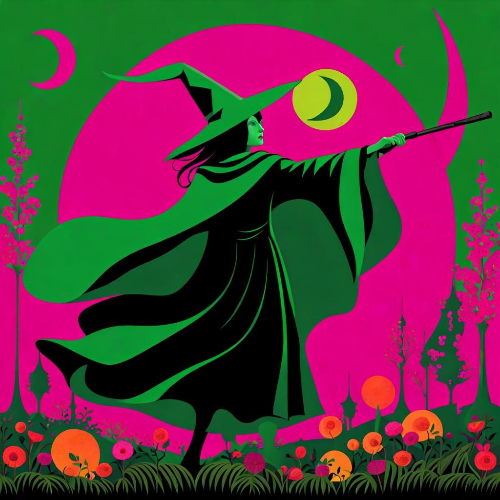 Green Witch Rides Broomstick Under Shocked Moon