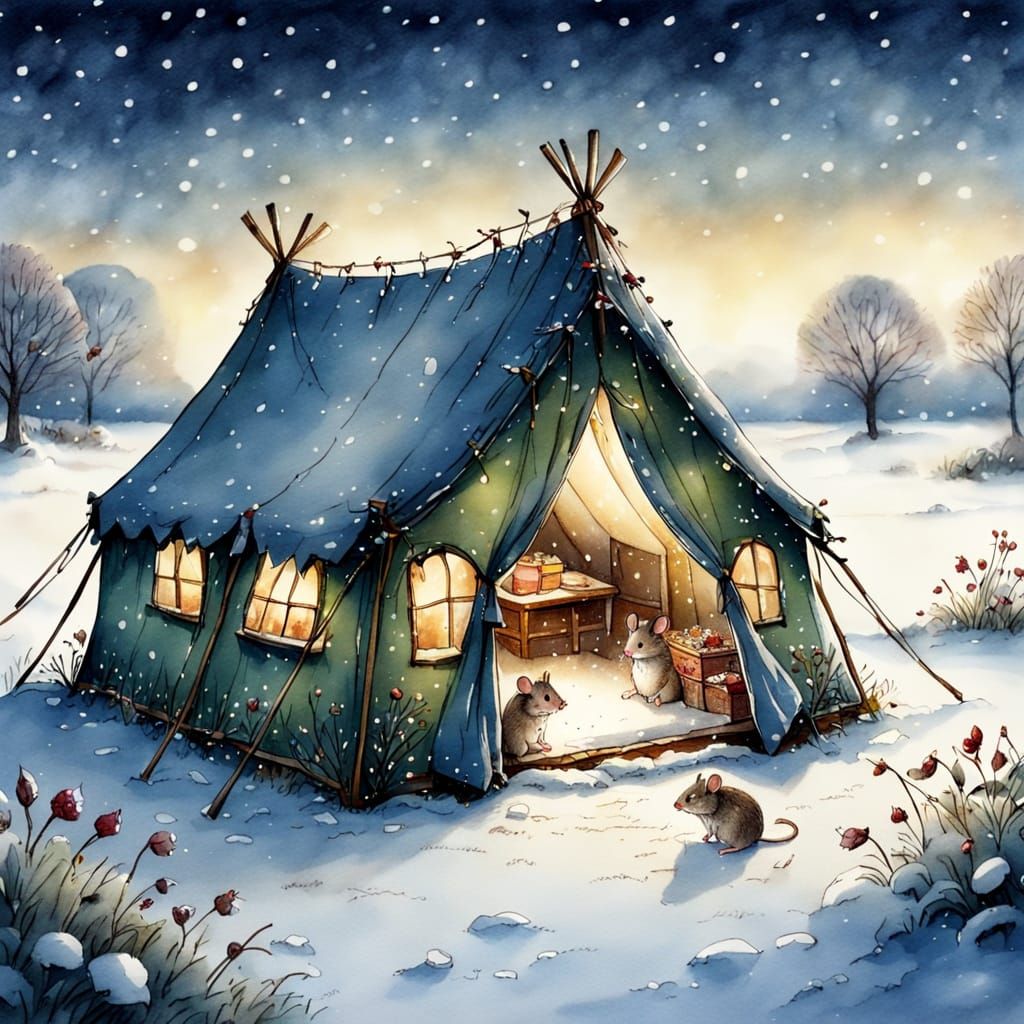 Snowy Nighttime Scene in Watercolour Style