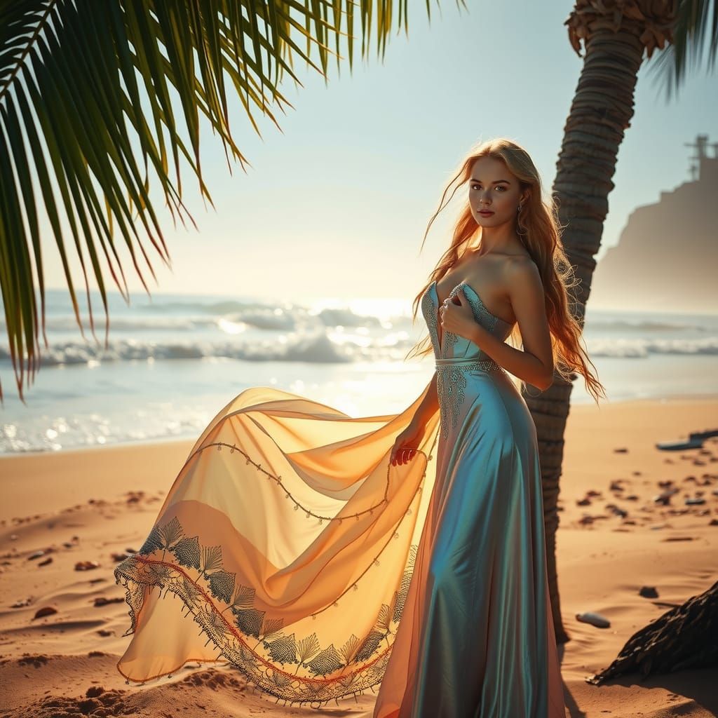 Sun-Kissed Beauty in Iridescent Gown on Sandy Beach