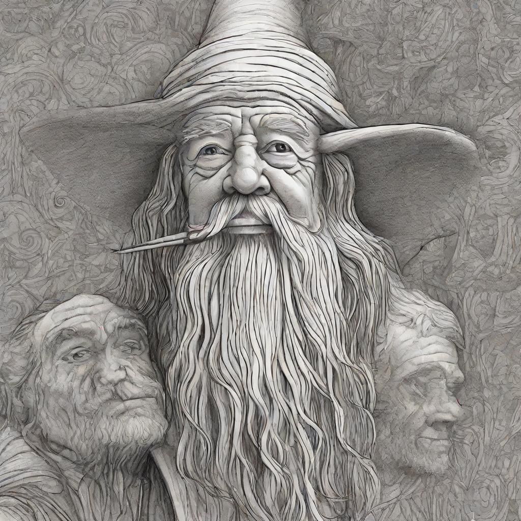 Gandalf Caricature Stabbing Frodo in Pencil Drawing