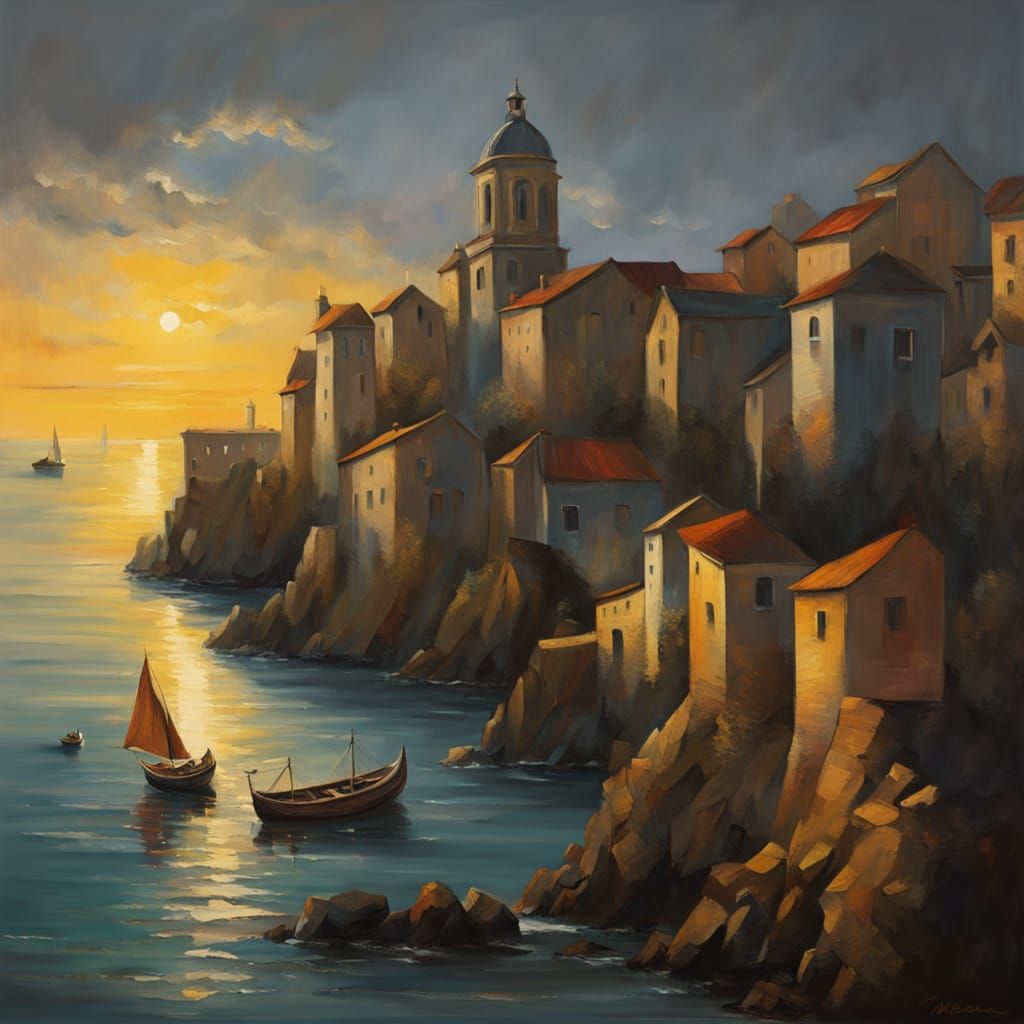 Baroque Fishing Village Landscape in Warm Sunlight