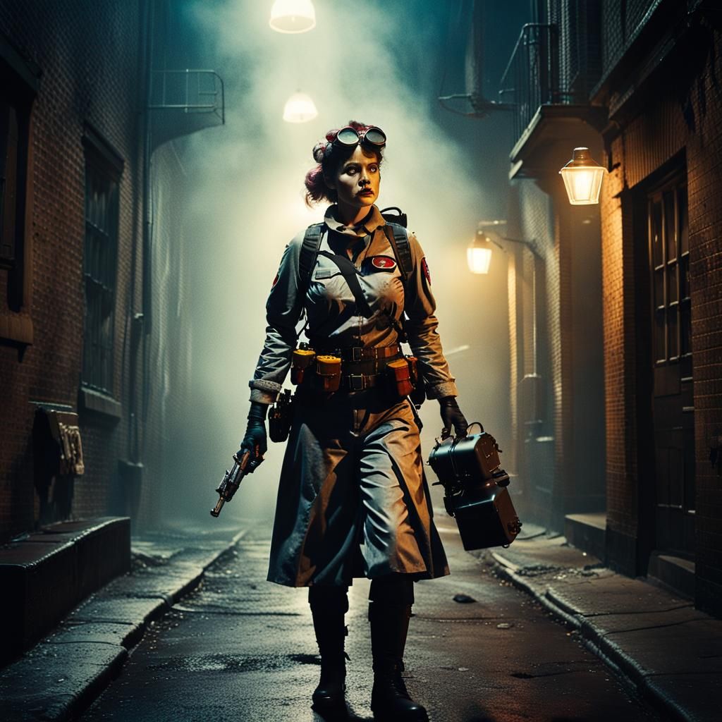 Steampunk Ghostbuster in Foggy Alley: Cinematic Film Still