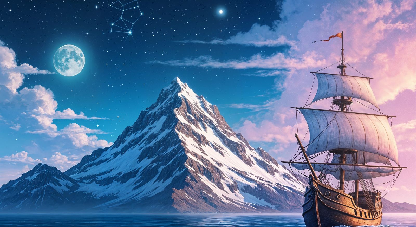 Moonlit Mountain Peak and Constellation Ship