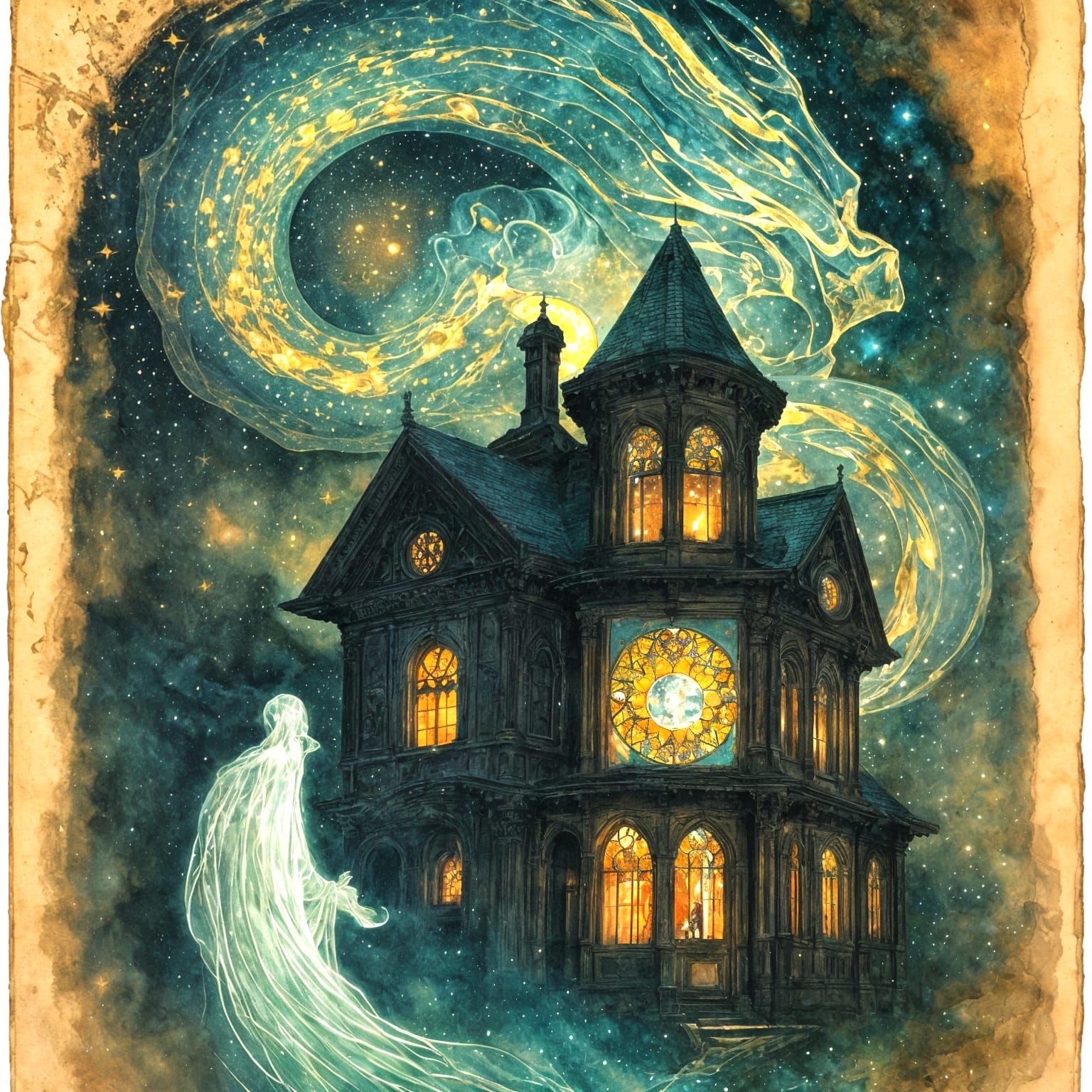 Ghostly Figure and Celestial Dragon Illustration