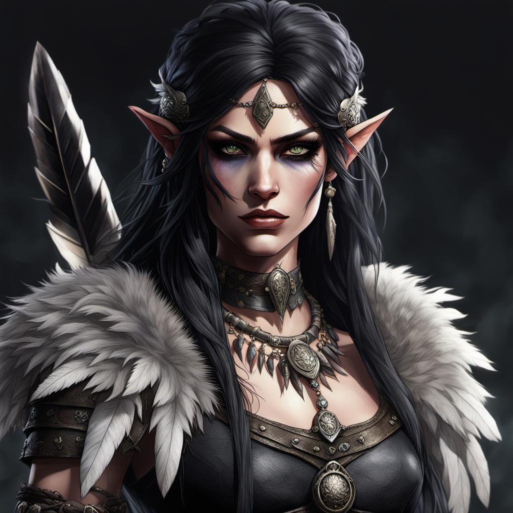 Pale Elf Barbarian with Raven Hair, as Oil Painting