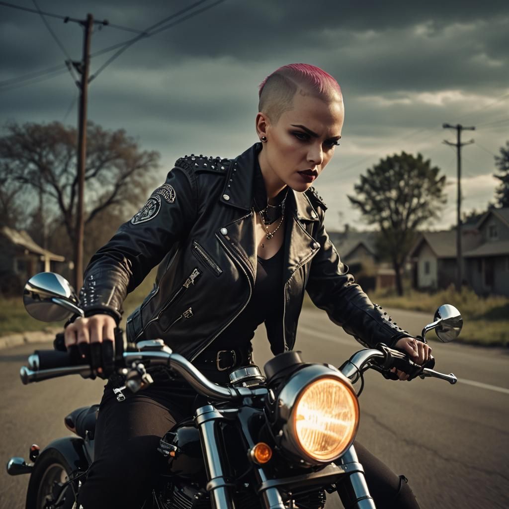 Vampire Woman Rides Motorcycle: Cinematic Film Still