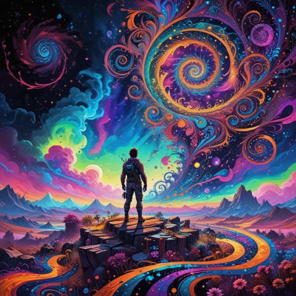 Lone Hero in Cosmic World Psychedelic Fantasy Ink Painting