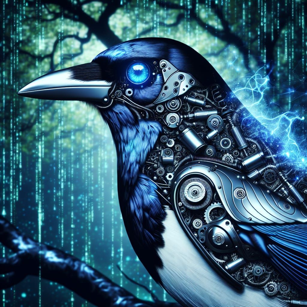 Cybernetic Magpie in Silver Steampunk Sci-Fi Style