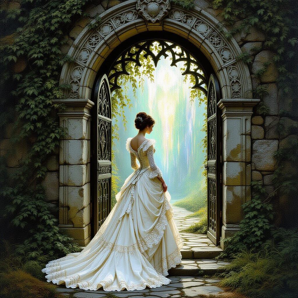 Victorian Woman Before Mystical Archway as Oil Painting