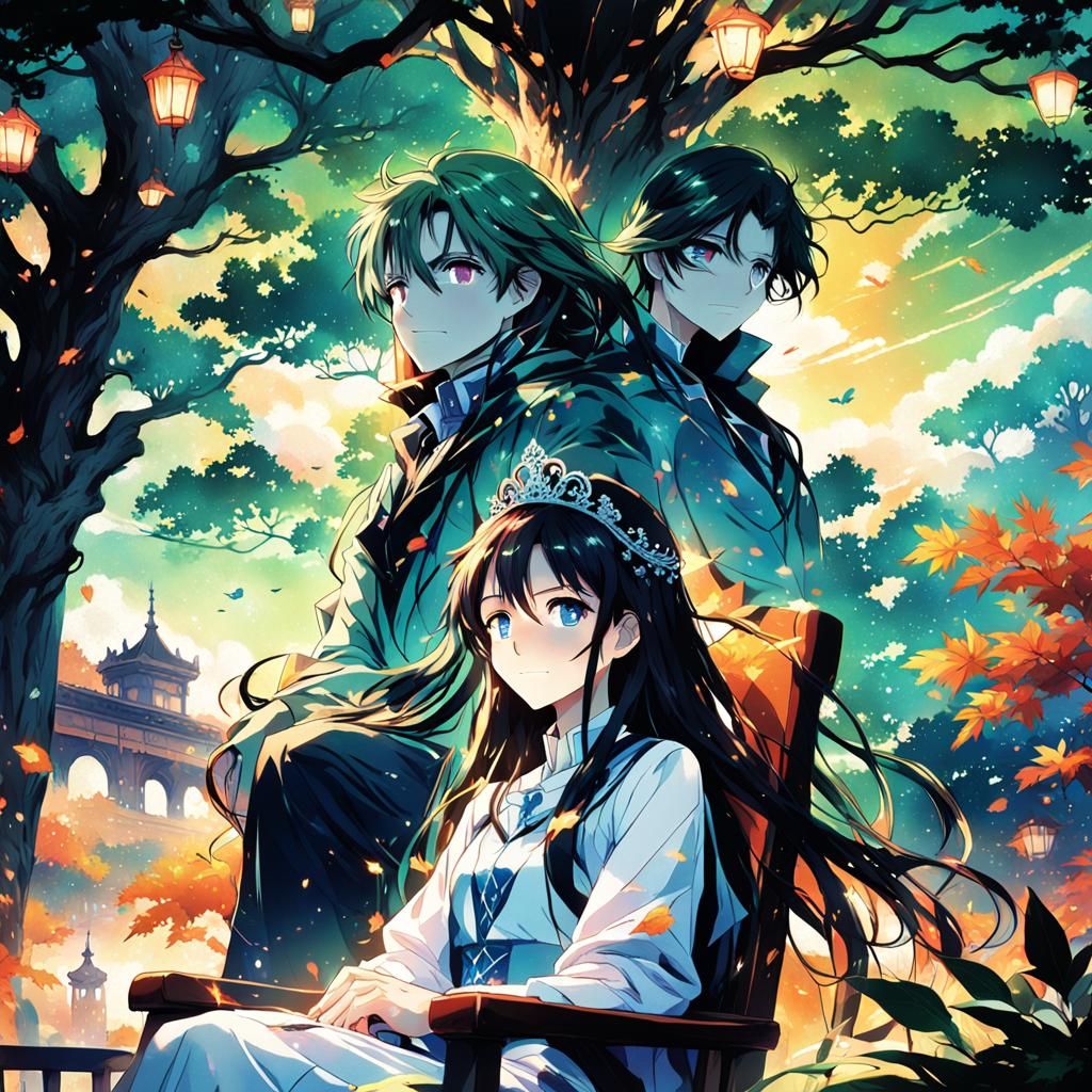 Anime Princess Under Tree with Man in Vivid Digital Art
