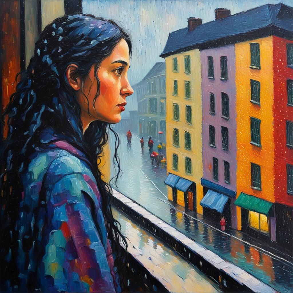 Dreamy Woman in Rainy City, Expressionist Oil Painting