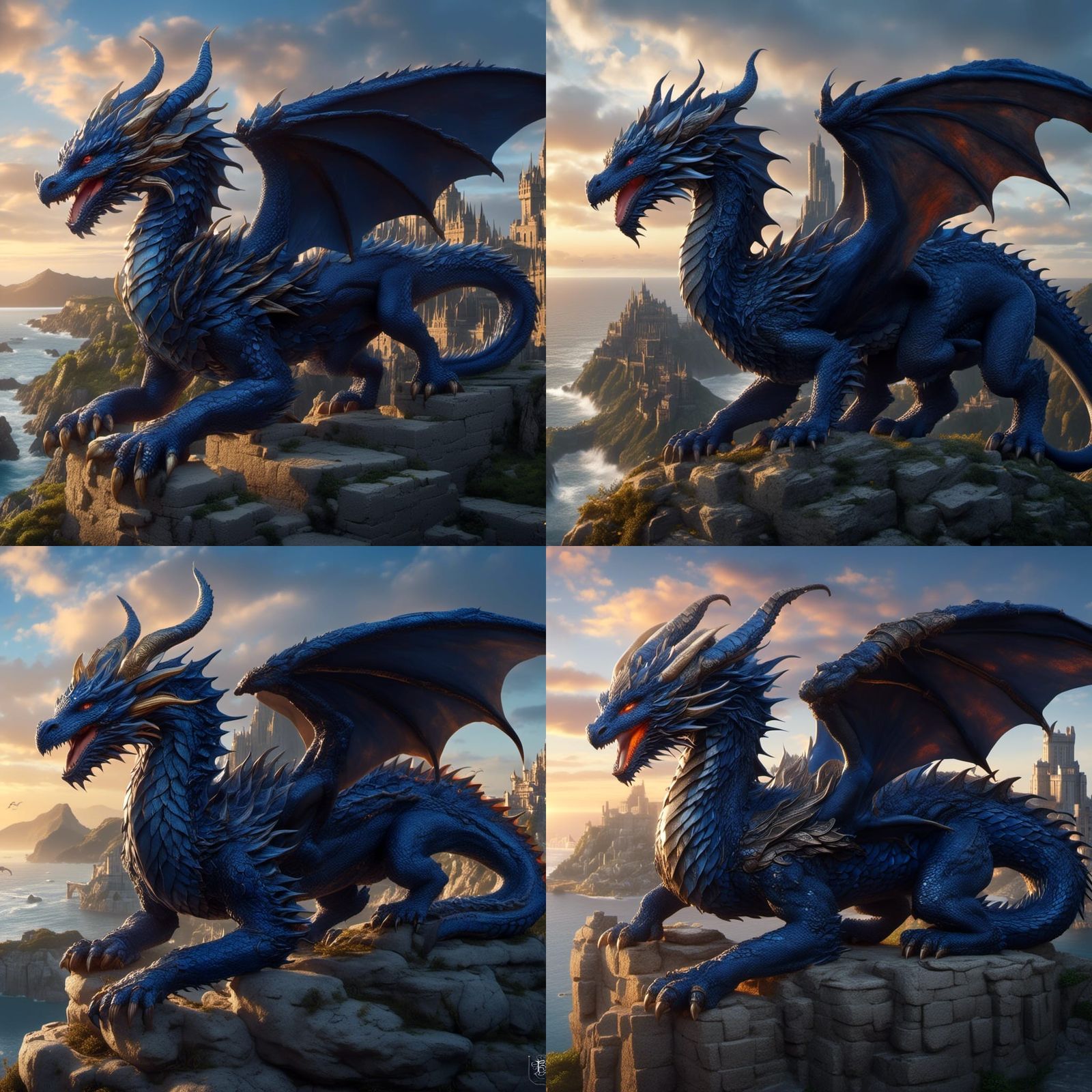 Indigo Dragon Over Ancient City, Fantasy Style