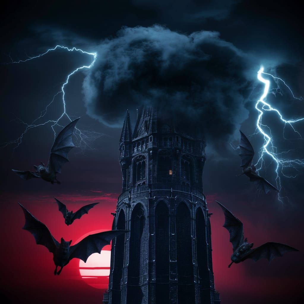 Ominous Gothic Tower Under Red Sunset with Lightning