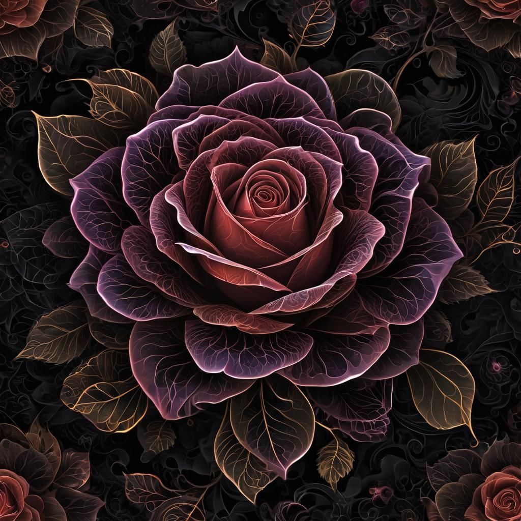 Rose Fractal Art with Glowing Leaves