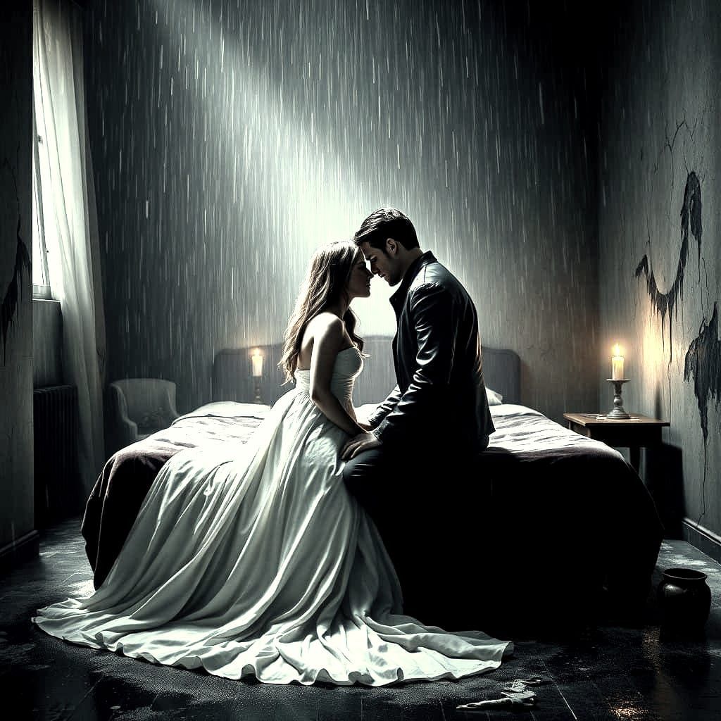 Gloomy Intimate Moment in a Rainy Room