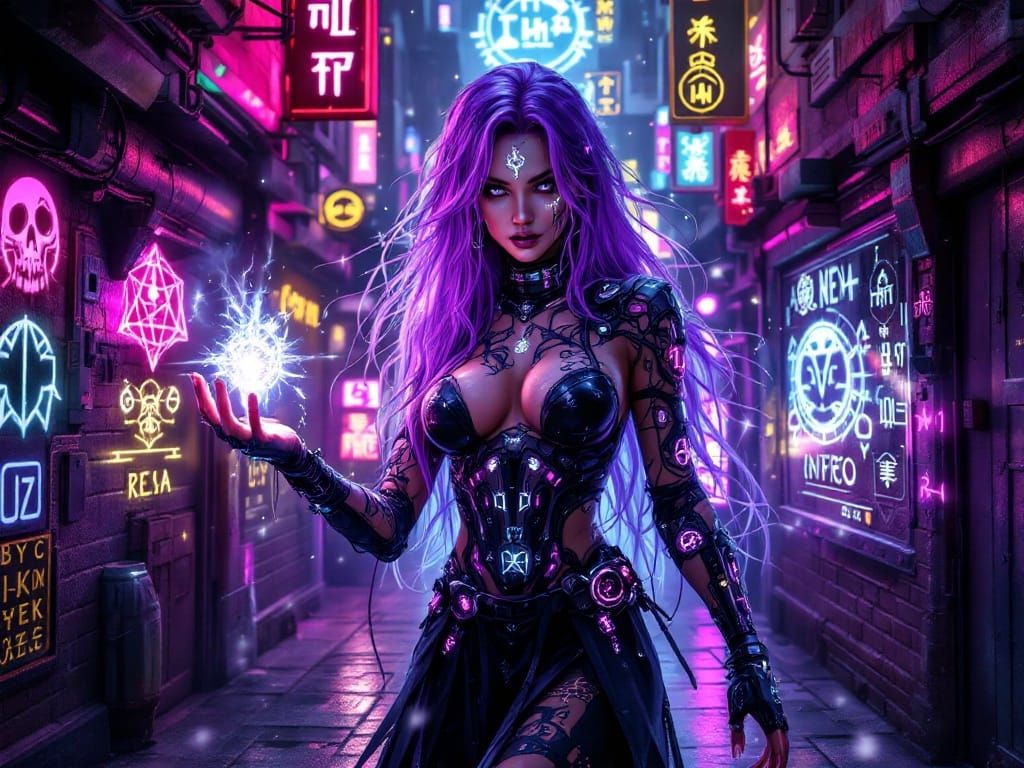 Cyberpunk Sorceress Casting Spell in Neon Alleyway