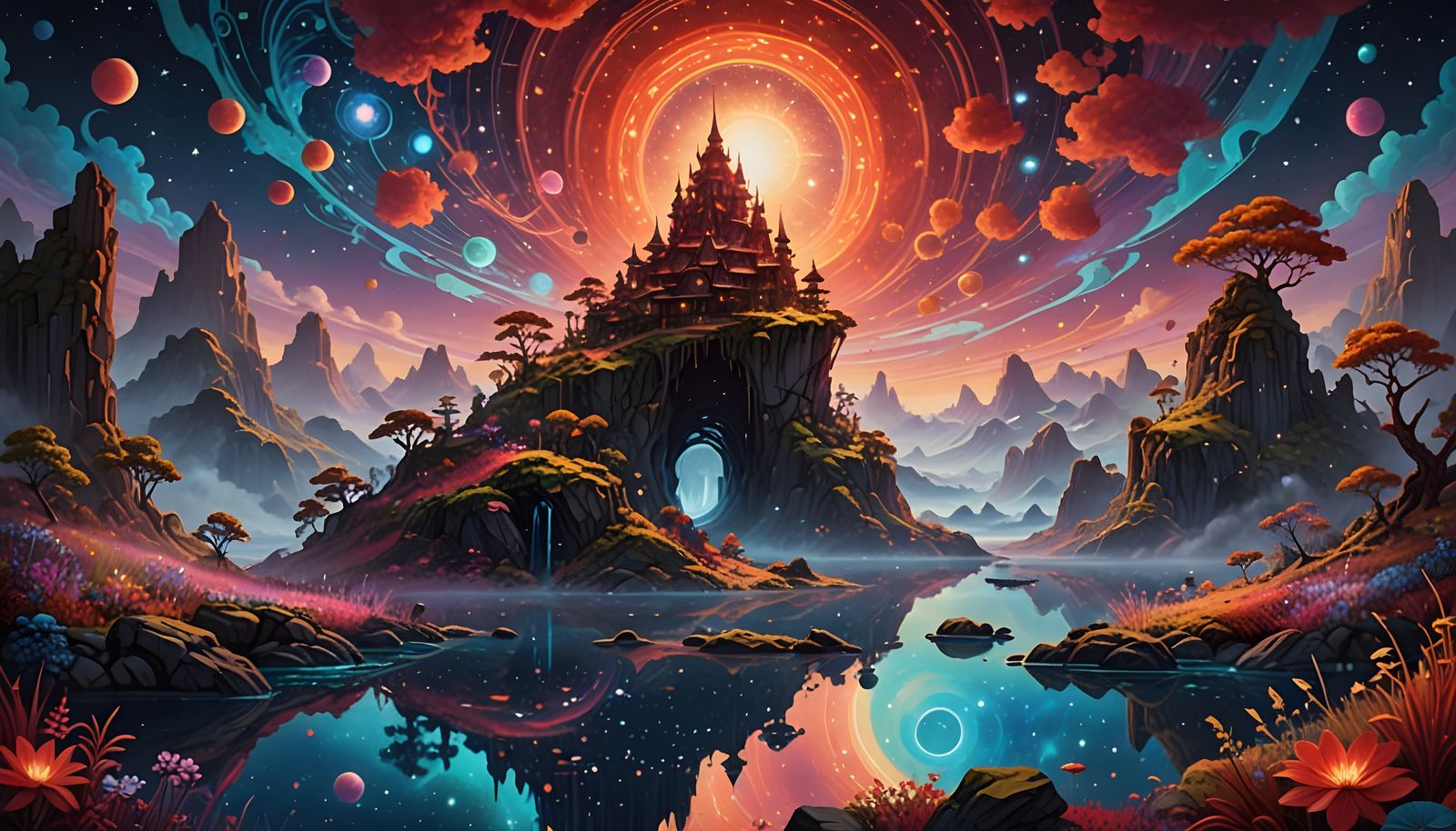 Ethereal Floating Isles in Cosmic Red Hues