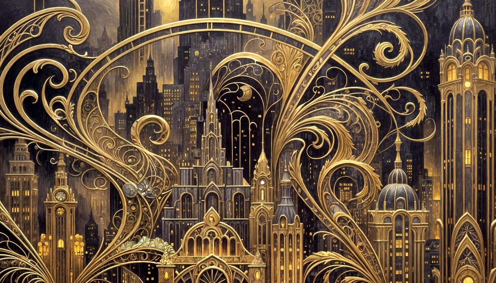 Art Deco Cityscape in Fog: Klimt & Mucha Style
