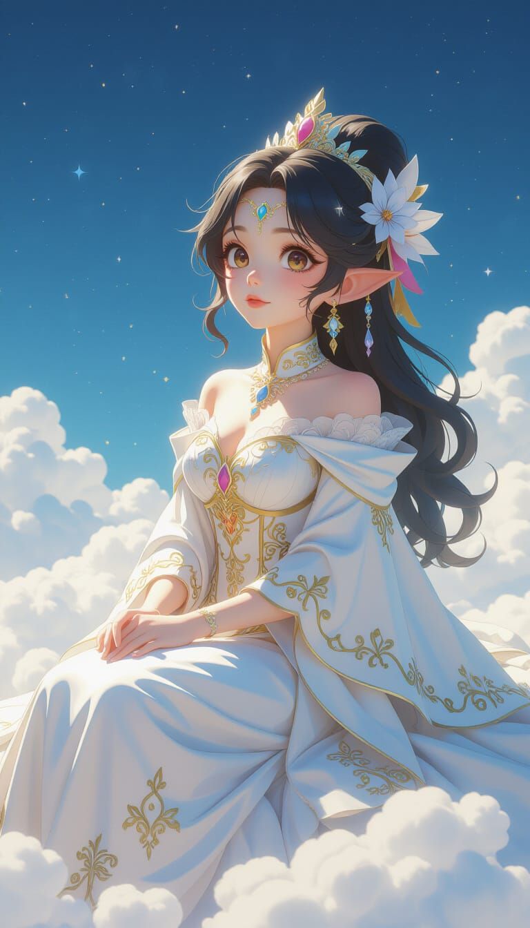 Alien Woman in Ornate Gown on Cloud, 3D Anime Art