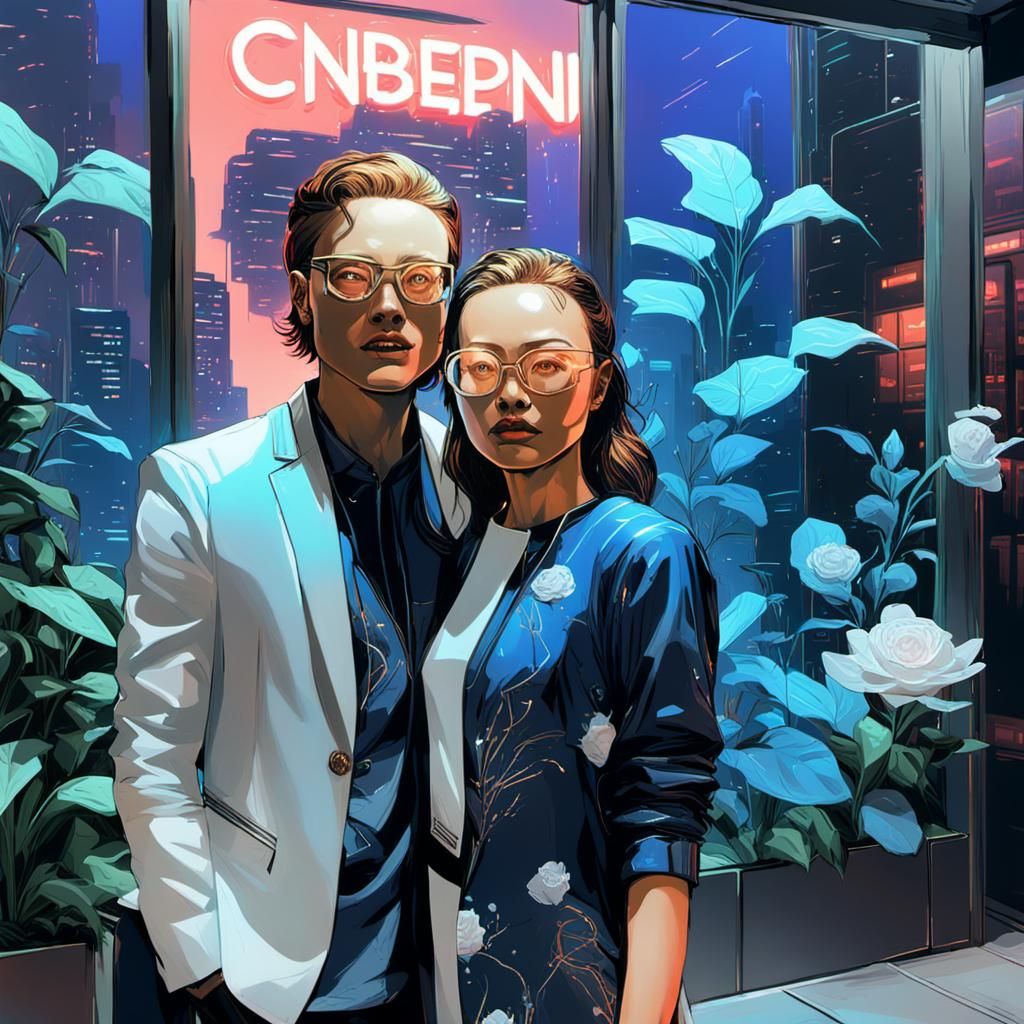 Futuristic Android Woman in Cyberpunk Cityscape