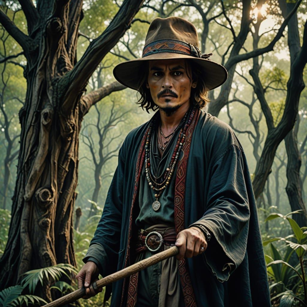 "dreamscape year-old magical Johnny Depp as a grumpy Sandman with carmine fedora in a dark dashiki rides on an iron hand...