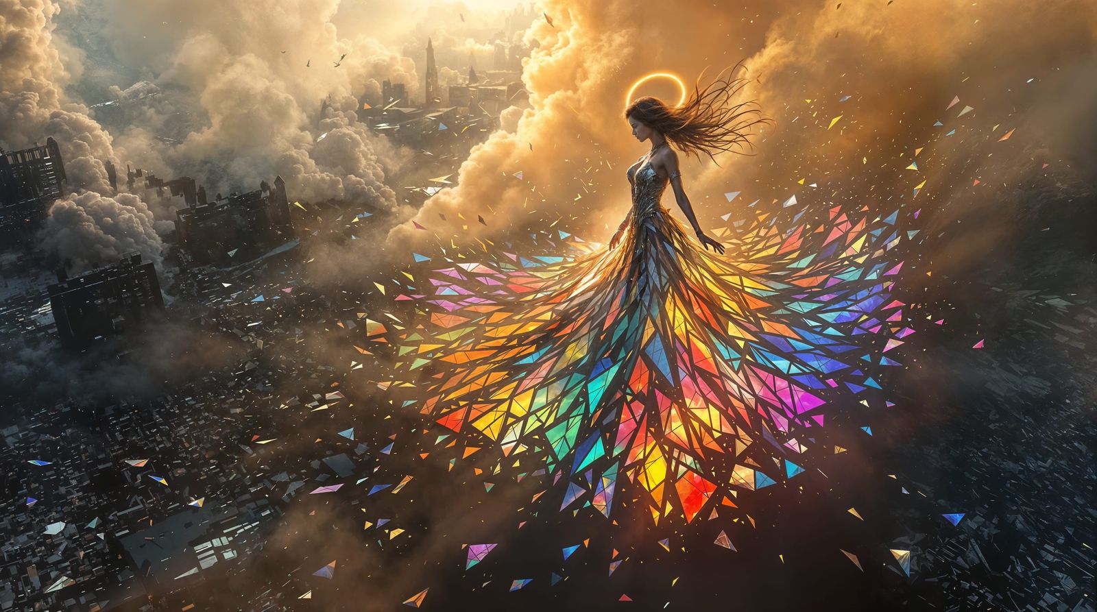 Aerial View of Angelic Redemption on a War-Torn Landscape