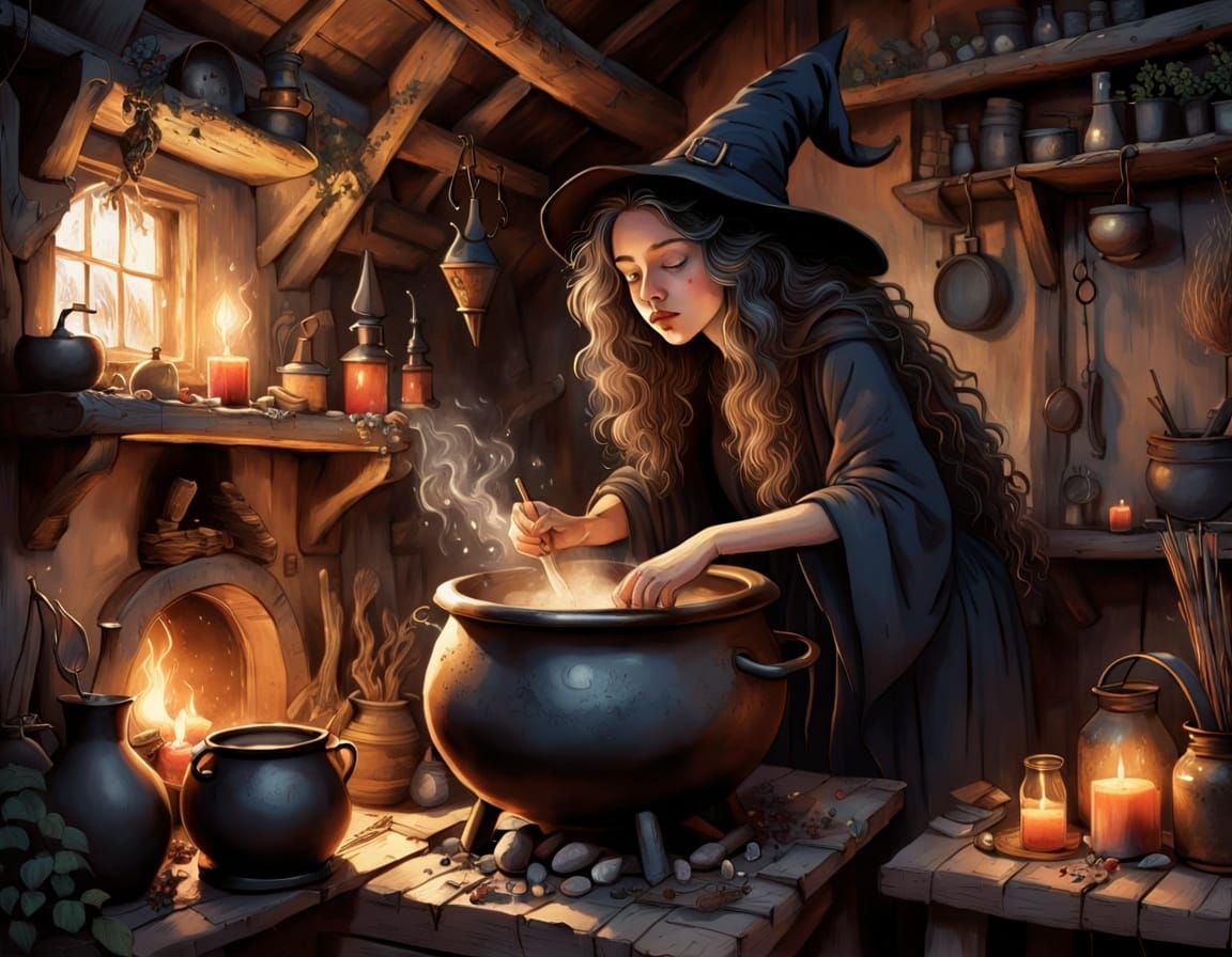 Sad Witch Brewing Potion, Vintage Illustration Style