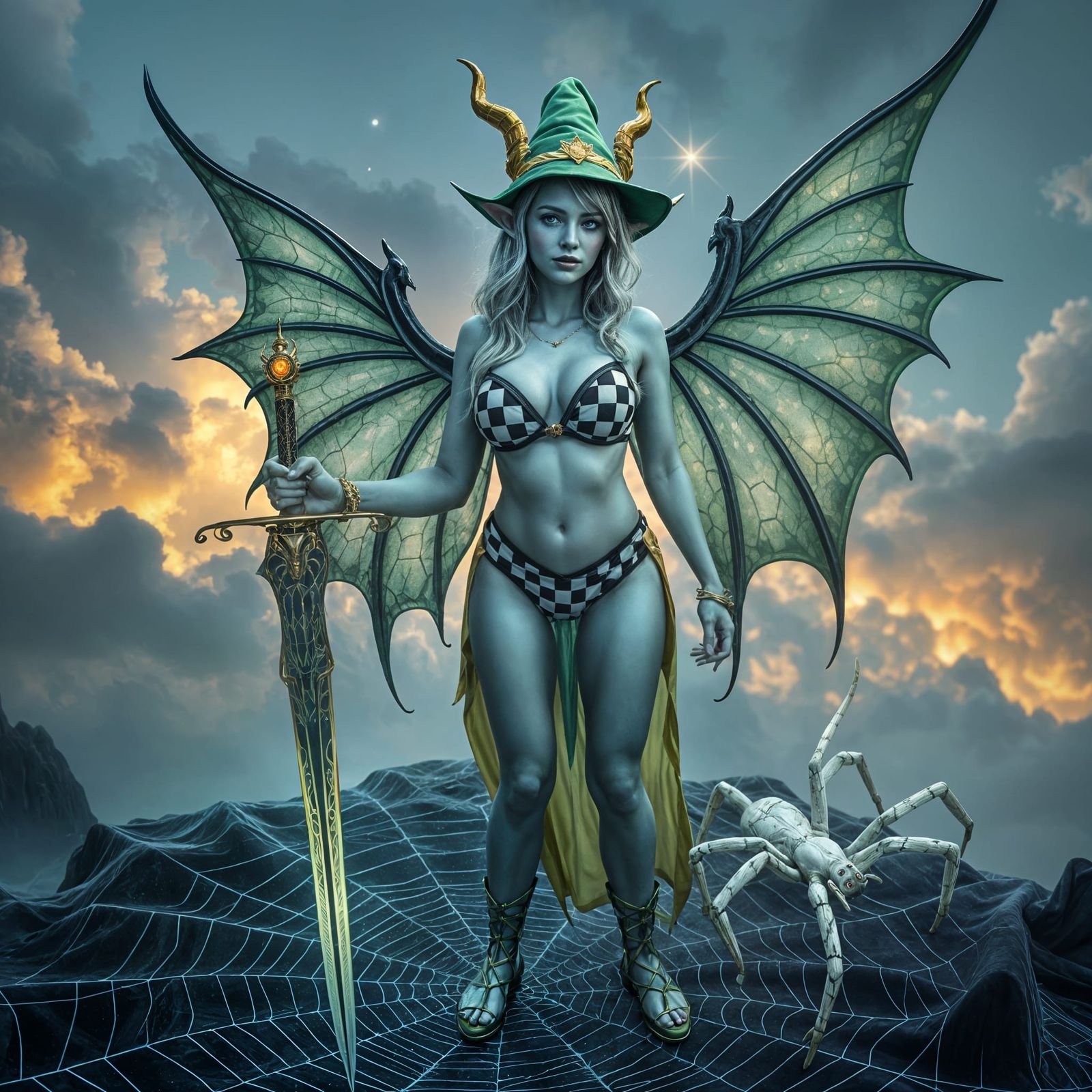 Celestial Goddess in Black and White Bikini, Green Elf Hat,...