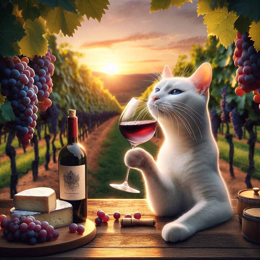 a white cat sitting elegantly in a picturesque vineyard at sunset, surrounded by rows of lush grapevines heavy with frui...