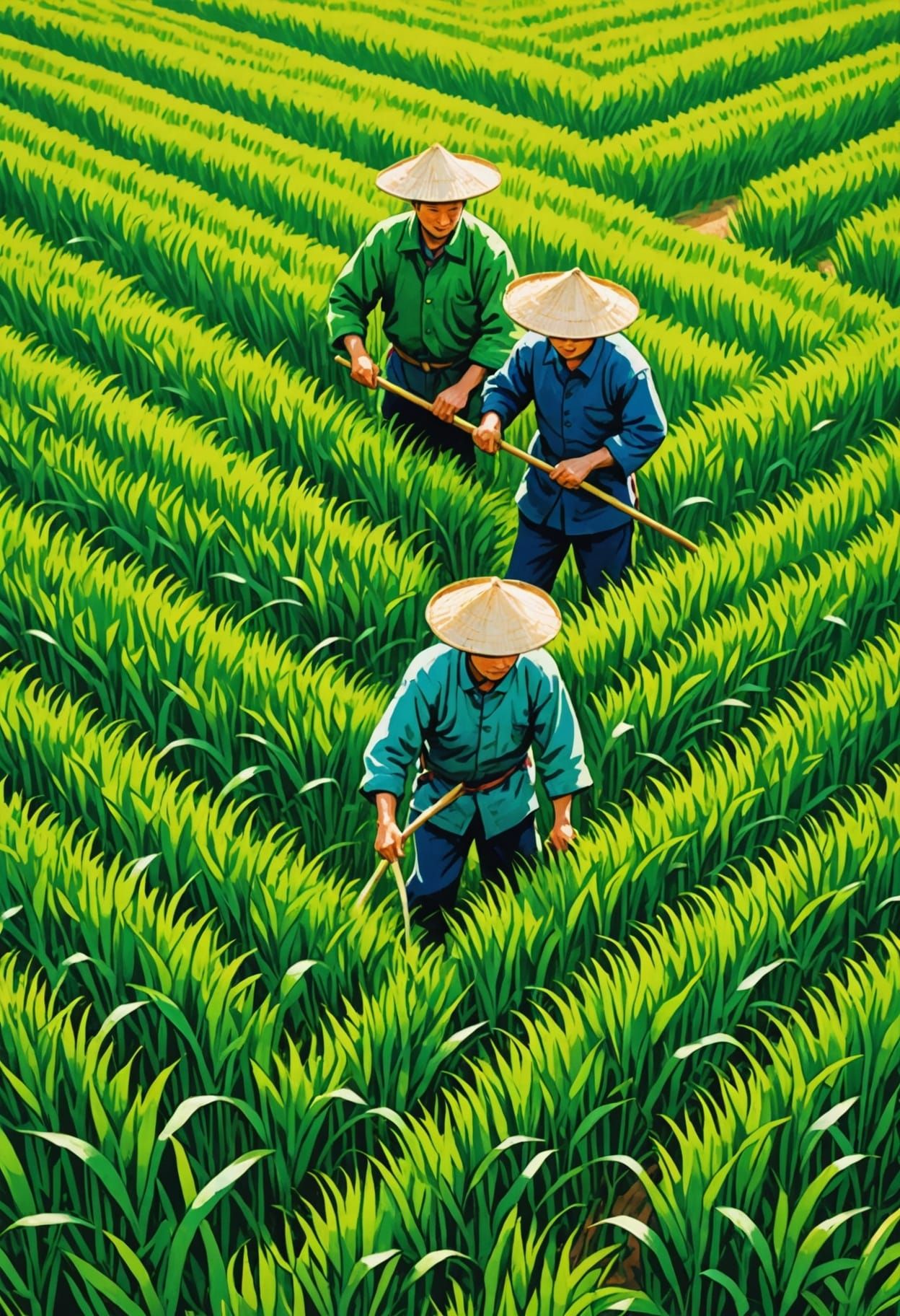 Chinese Farmers in Wheat Field: Zhang Daqian Style