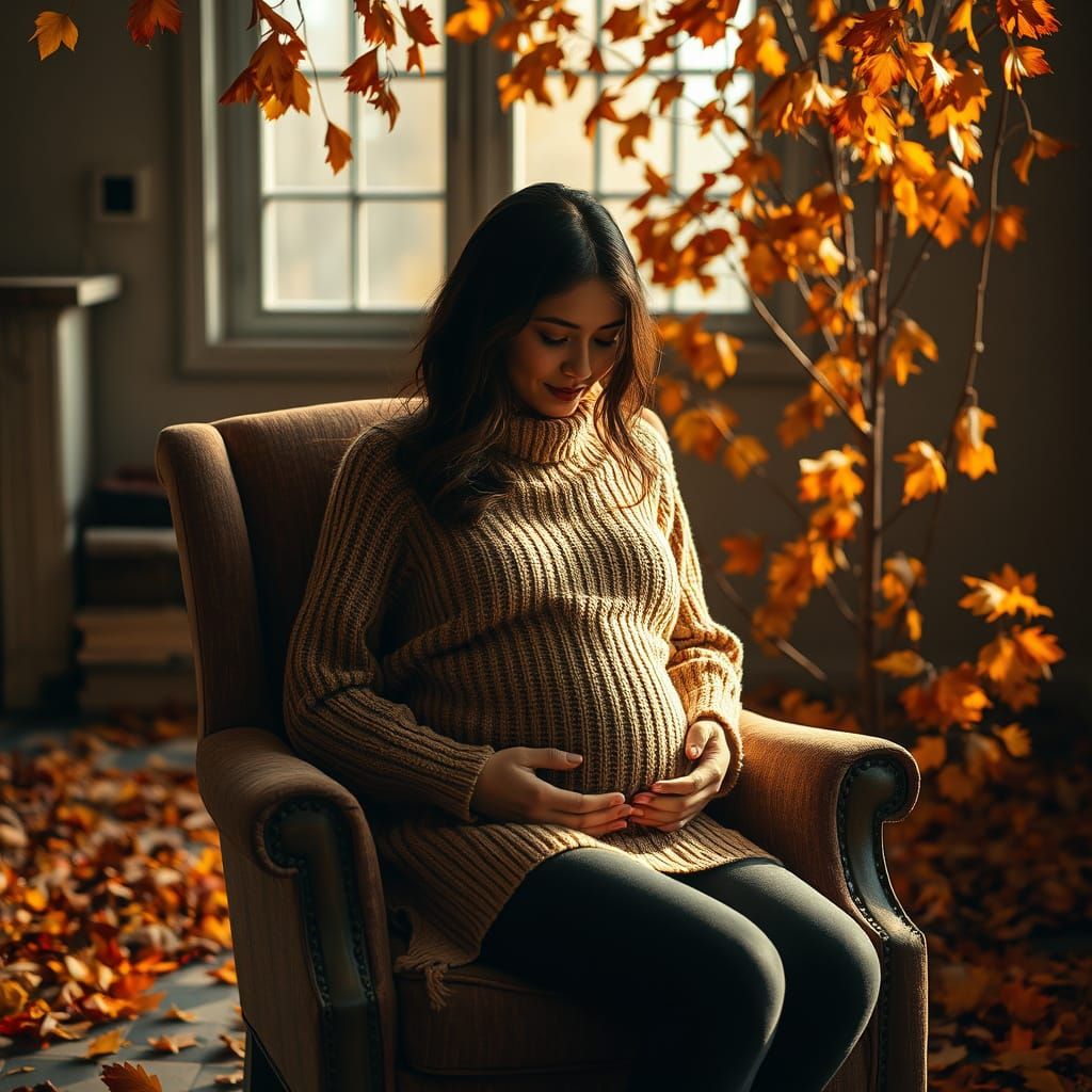 Serene Autumn Scene of a Pregnant Woman in a Cozy Abandoned ...