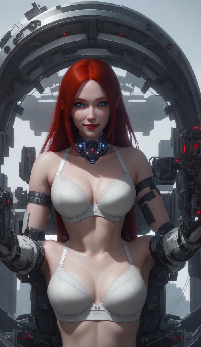 Smiling Redhead in Futuristic Sci-Fi Setting
