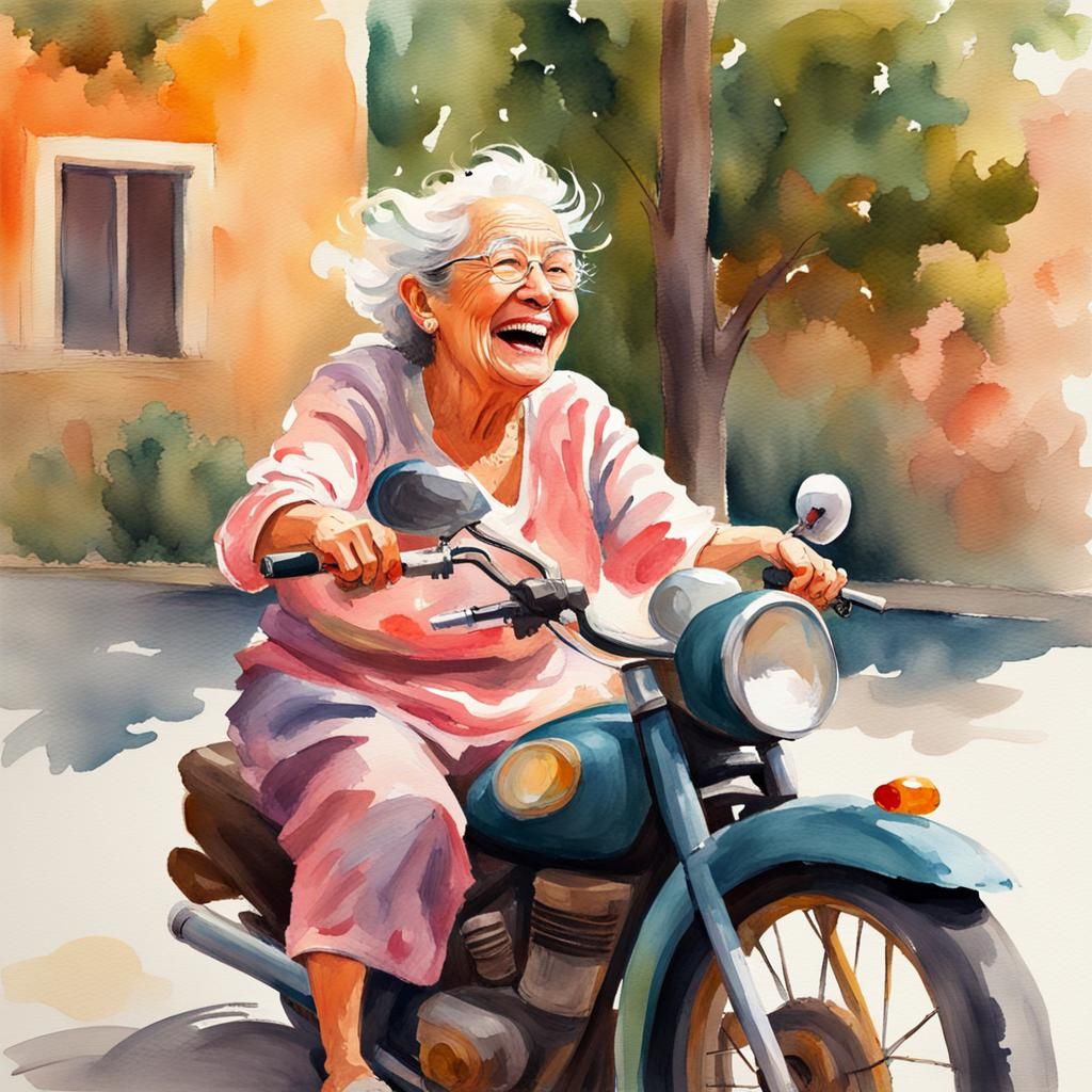 Laughing Woman on Motorbike in Watercolour Style