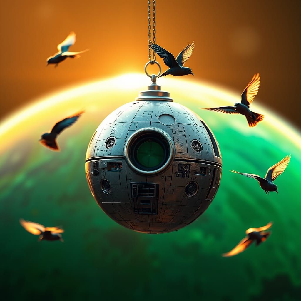 Futuristic Death Star Birdhouse Orbiting Emerald Planet