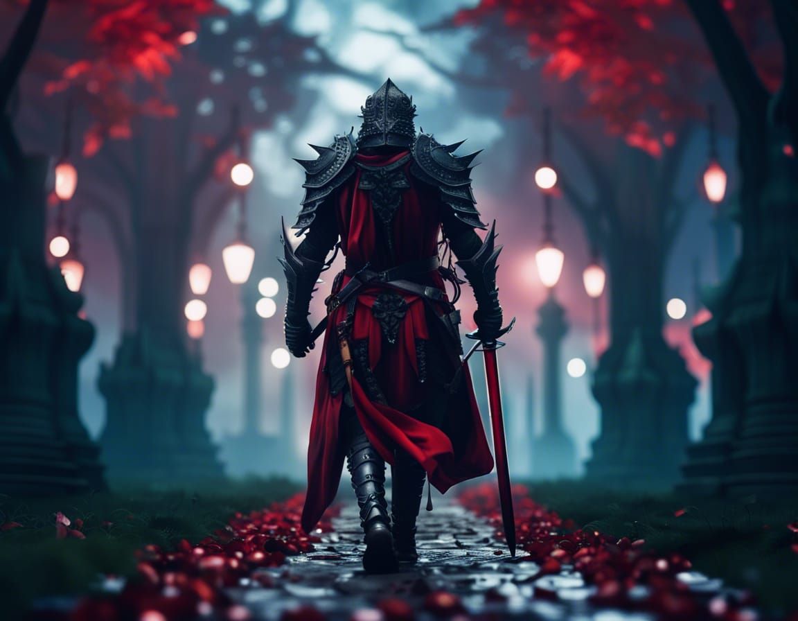 Knight in Red Robes on Leafy Path