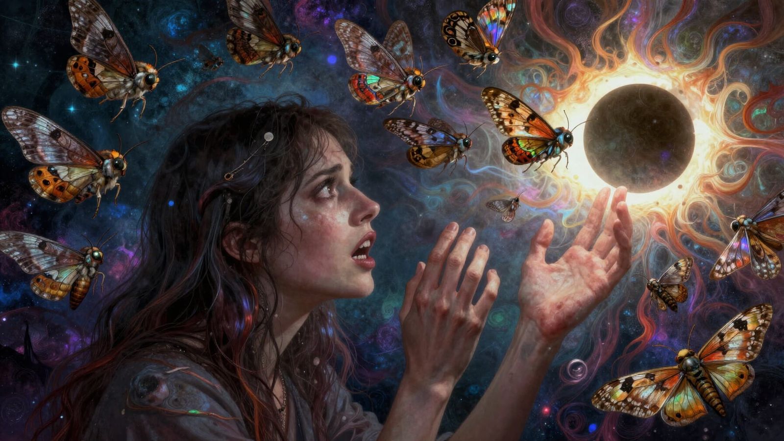 Neurotic Woman & Surreal Moth Eclipse in Cosmic Art Style