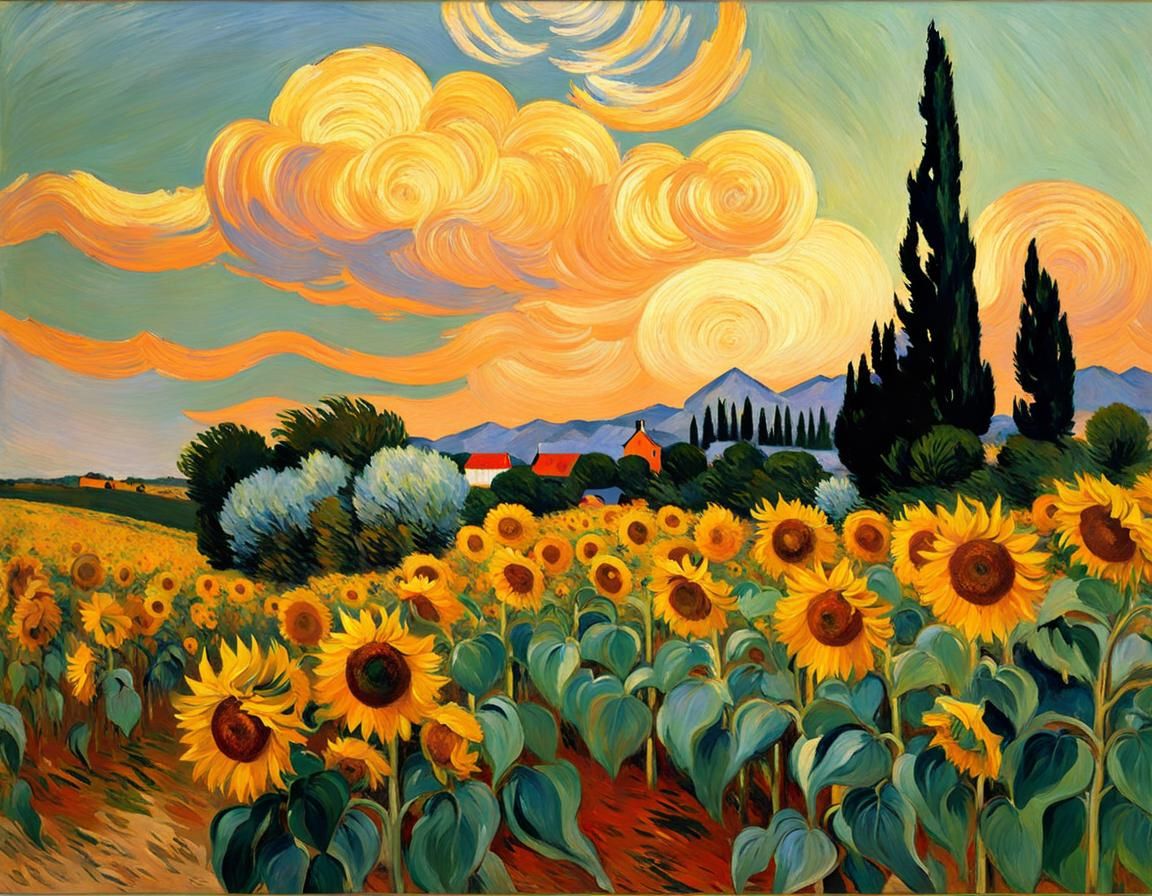Golden Sunflower Field in Impressionist Style