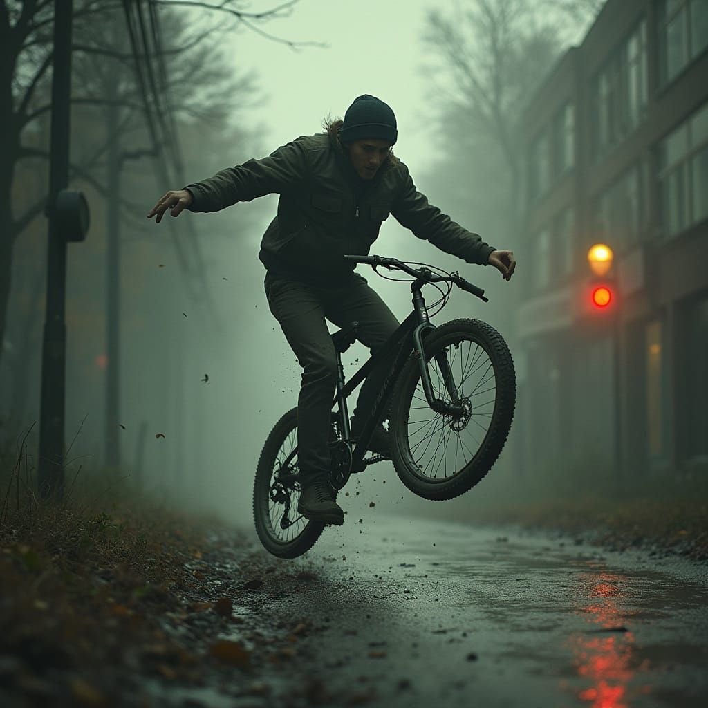 Cyclist Falling from Bicycle in Sci-Fi Style