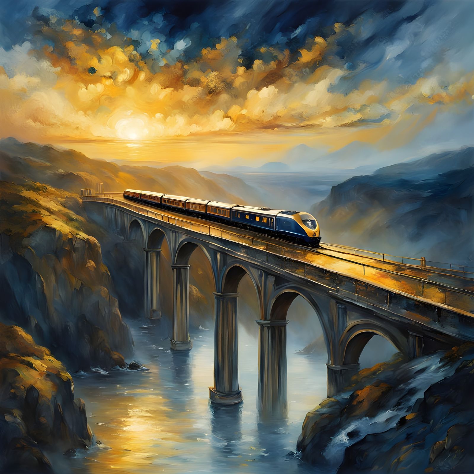 Surreal Train Landscape in Impressionist Style