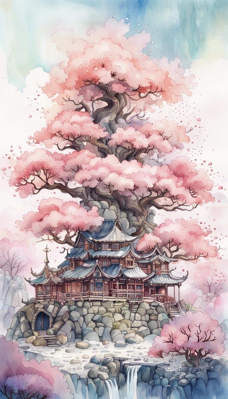 Fairytale Cherry Blossom Kingdom Watercolor Painting