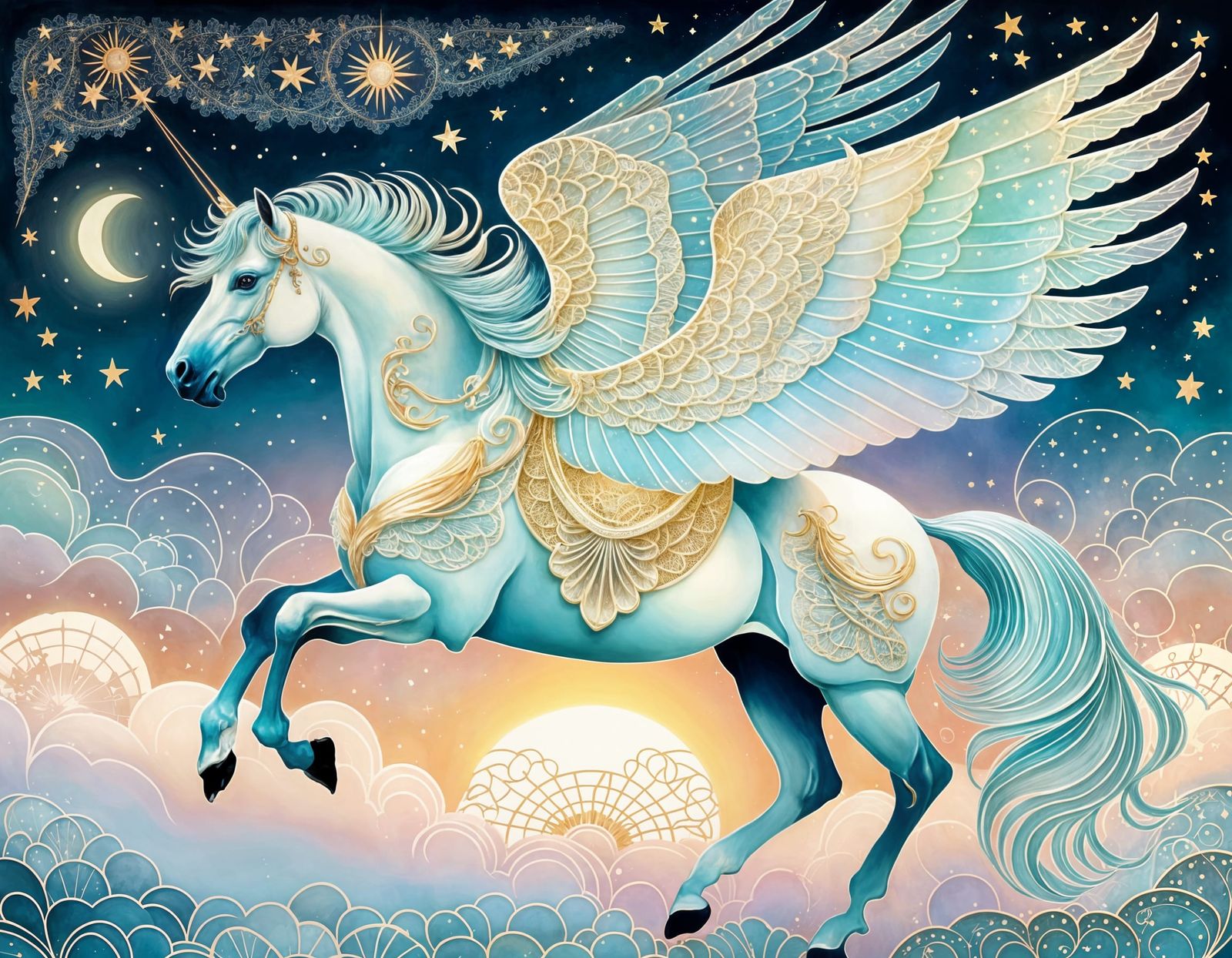 Whimsical Pegasus in Enchanted Pastel Sky