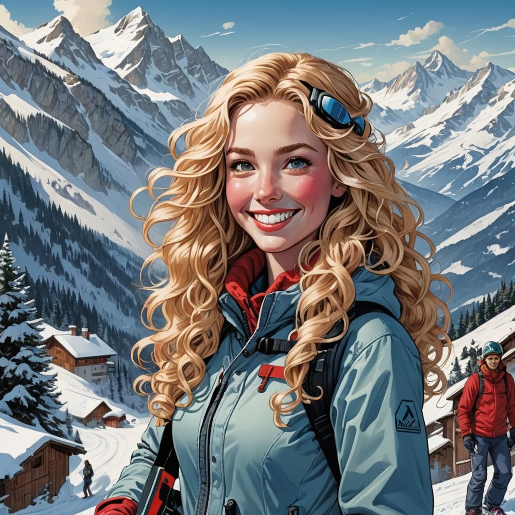 Blonde Woman Snowboarding in Alps, Comic Book Art