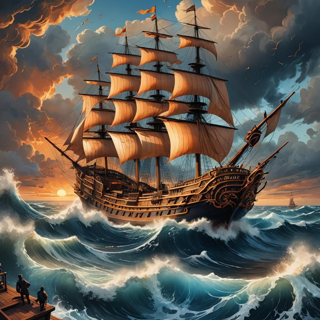 Luxurious 18th Century Ship Amidst Sea Storm