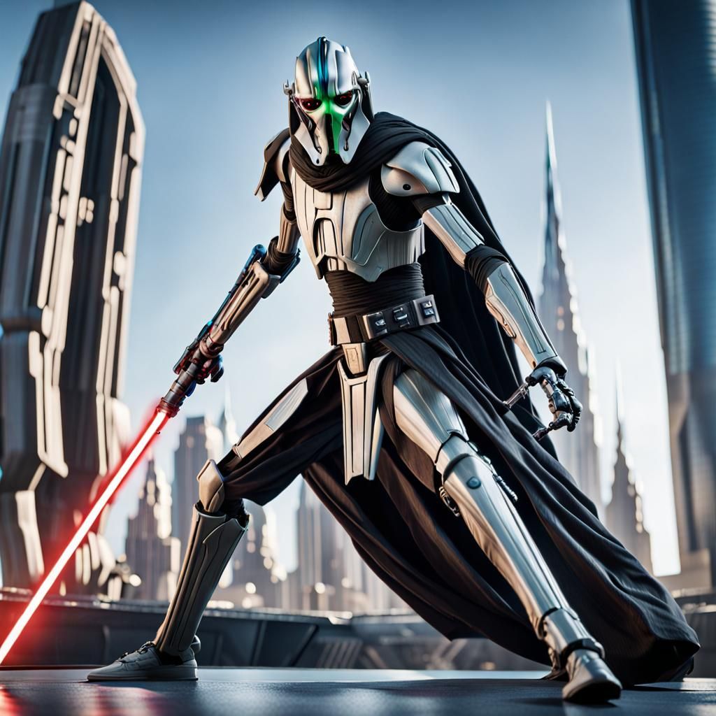 General Grievous Lightsaber Duel on Futuristic Cityscape