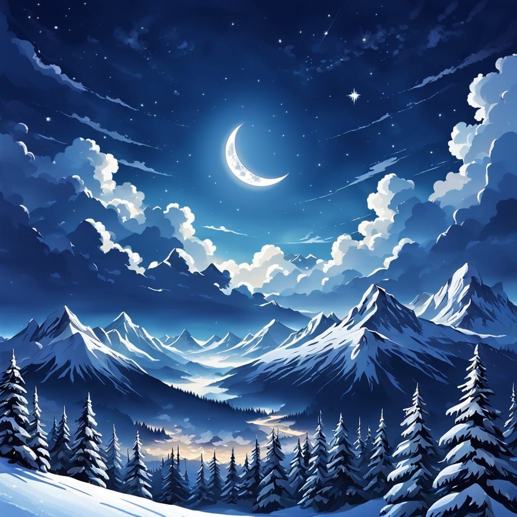 Winter Night Scene with Half-Moon and Starry Sky