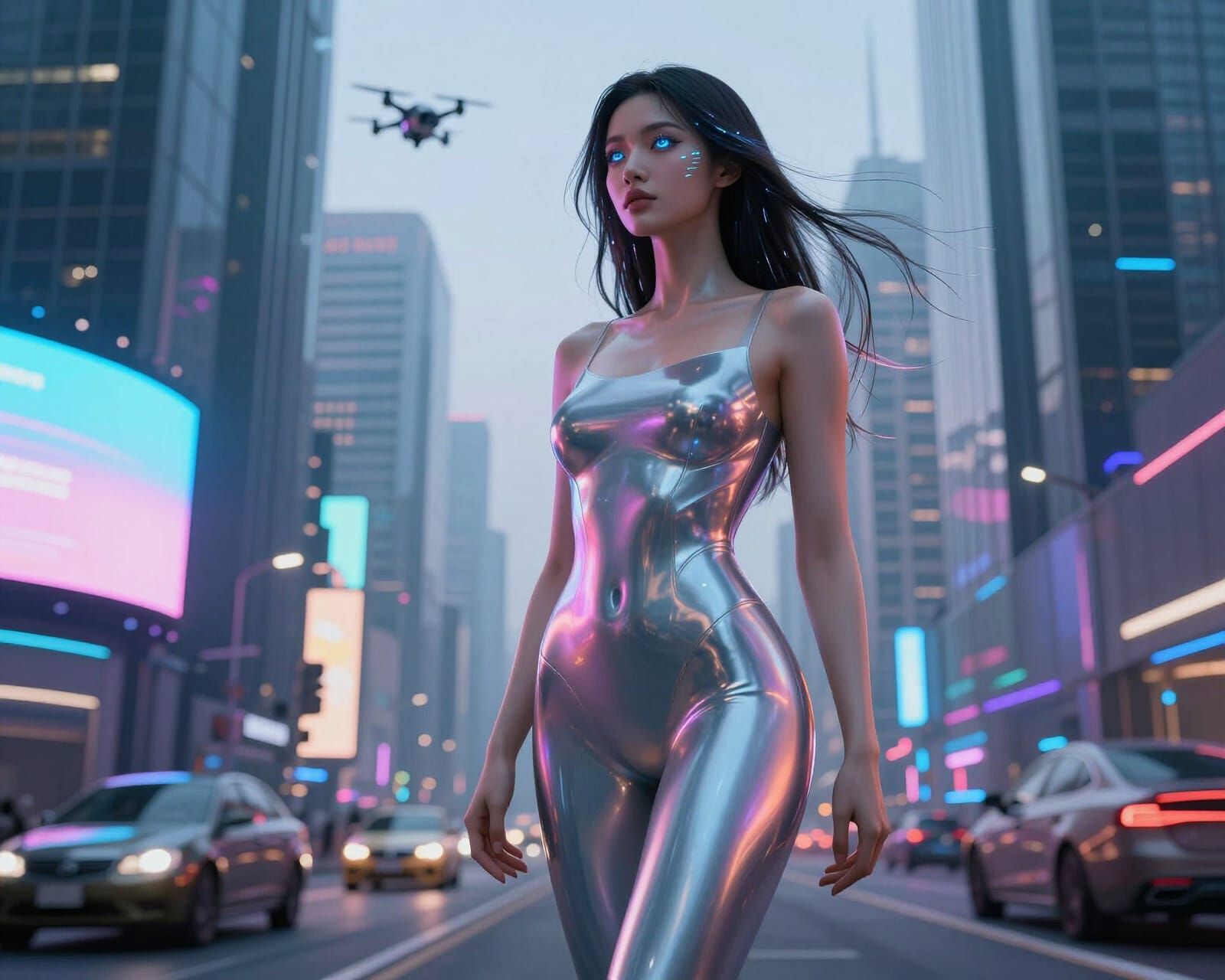 Futuristic Metropolis with Woman on Skyscraper