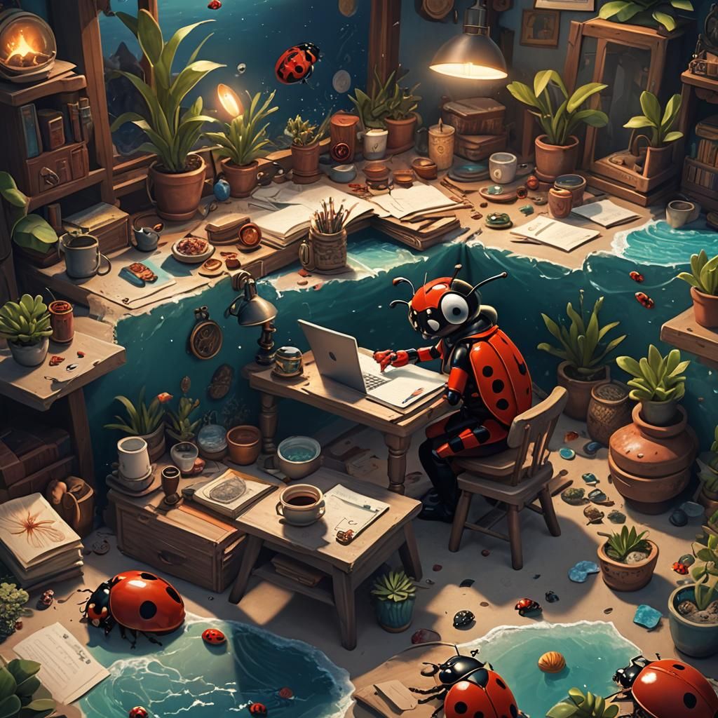 Grandmother Writing Stories with Ladybug, Matte Painting