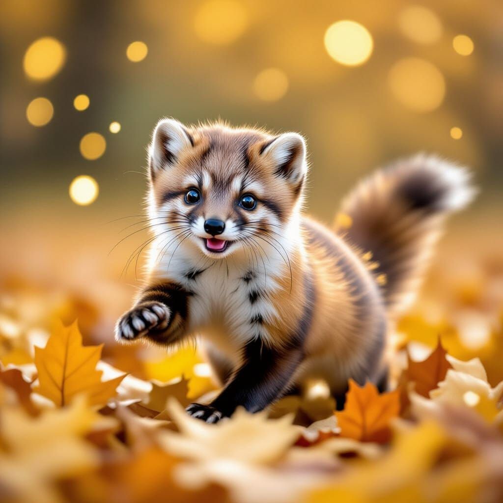 Whimsical Marten Playing in Golden Autumn Sparkles