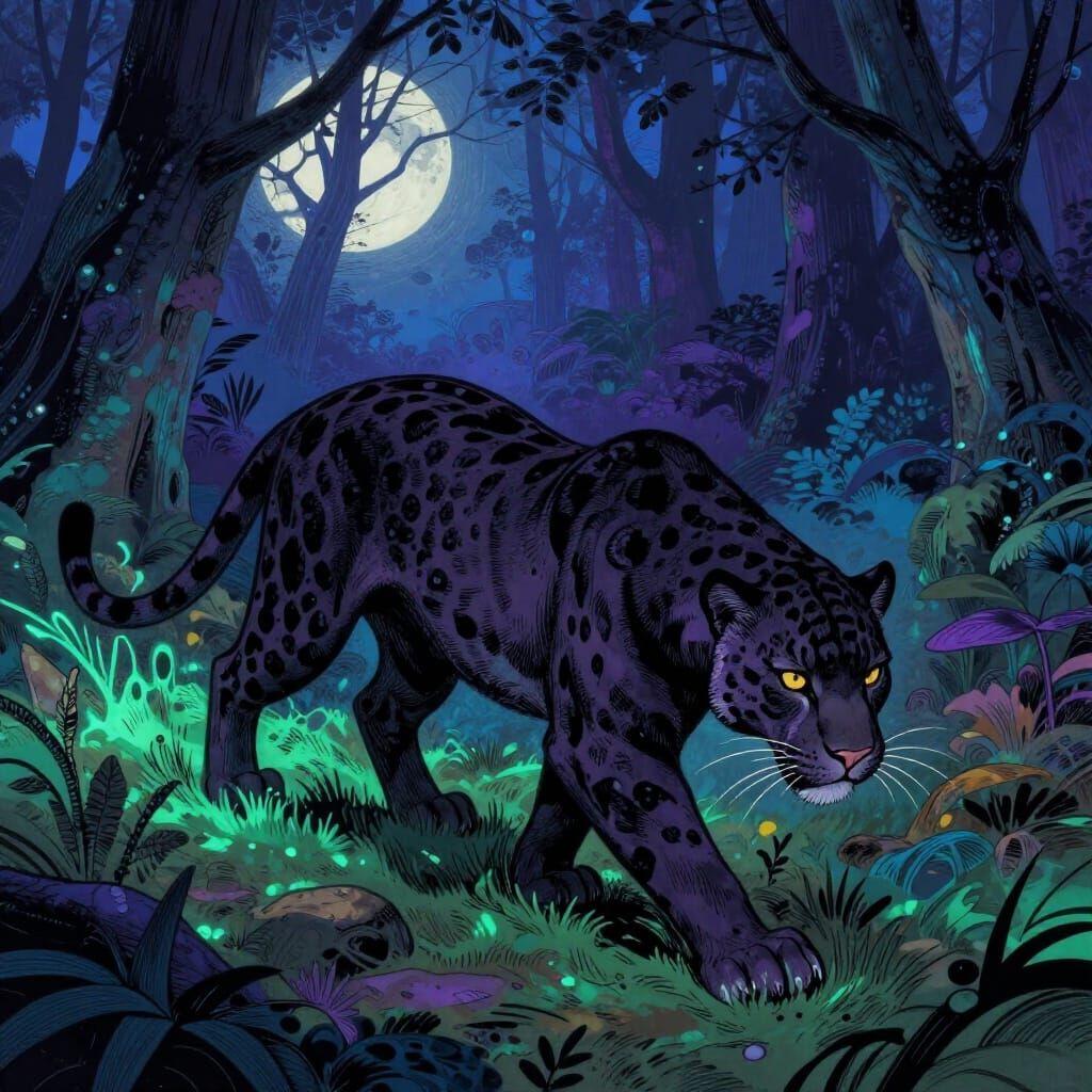Stealthy Panther in Enchanted Forest, Fairytale Graphic Styl...