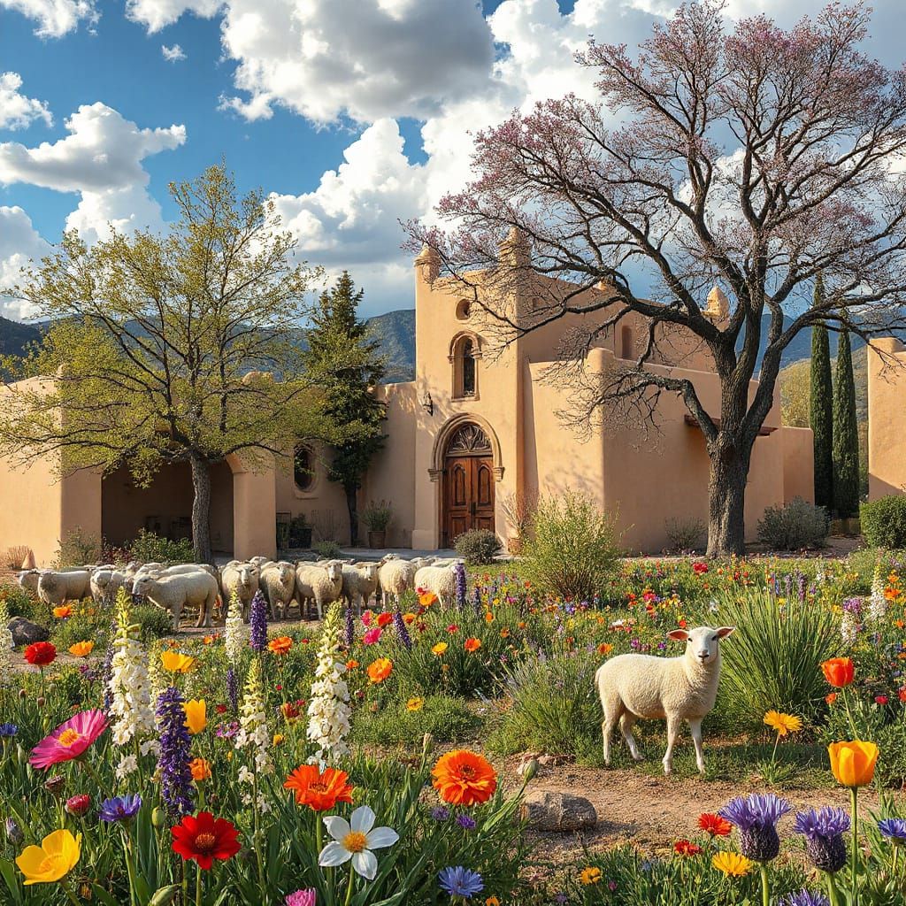 Vibrant Spring Landscape with Pueblo Chapel and Flock of She...